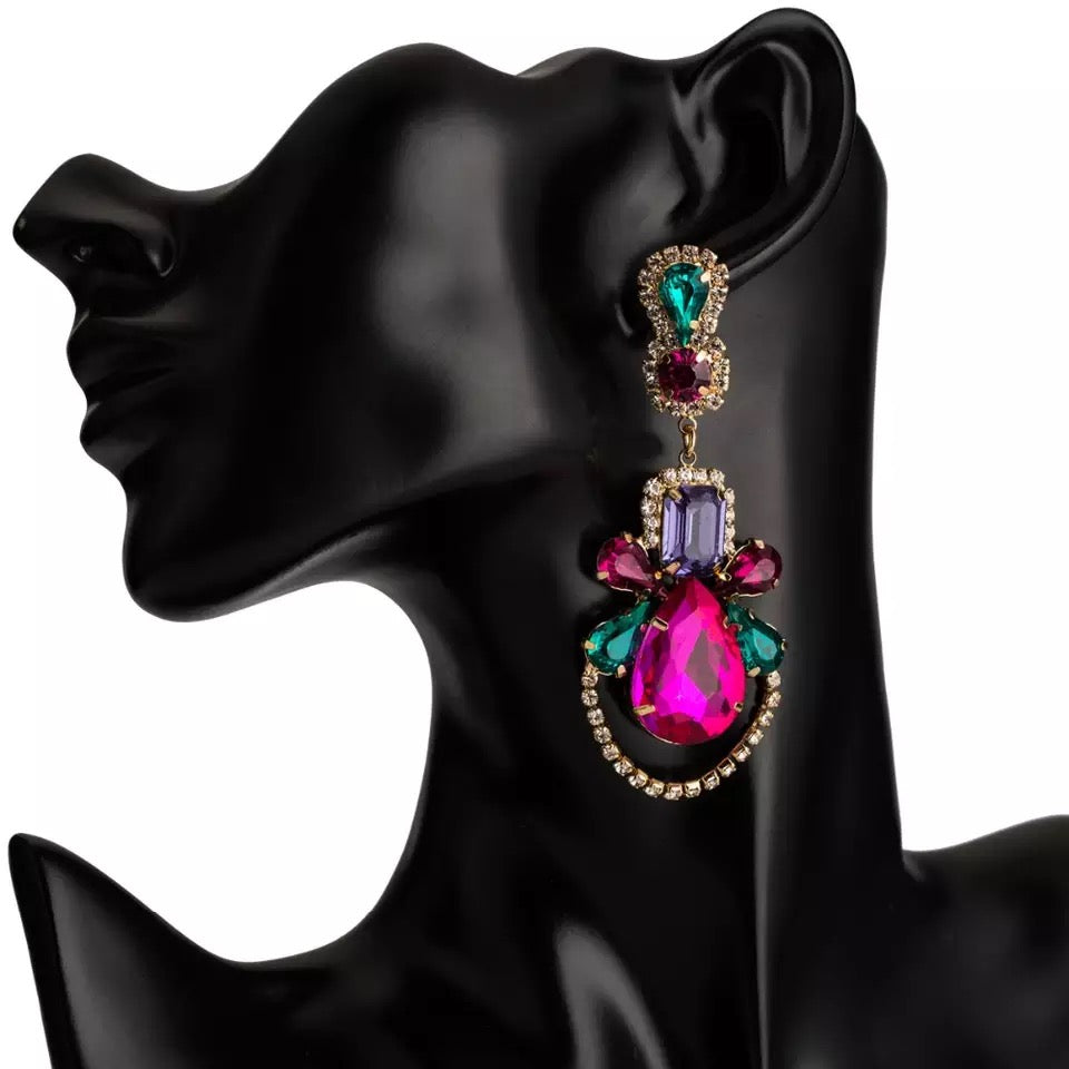 Just Gorgeous | Geometric Colorful Crystal Big Dangle Earrings For Women Preorder Ships 5/20 - Seasonal Secrets
